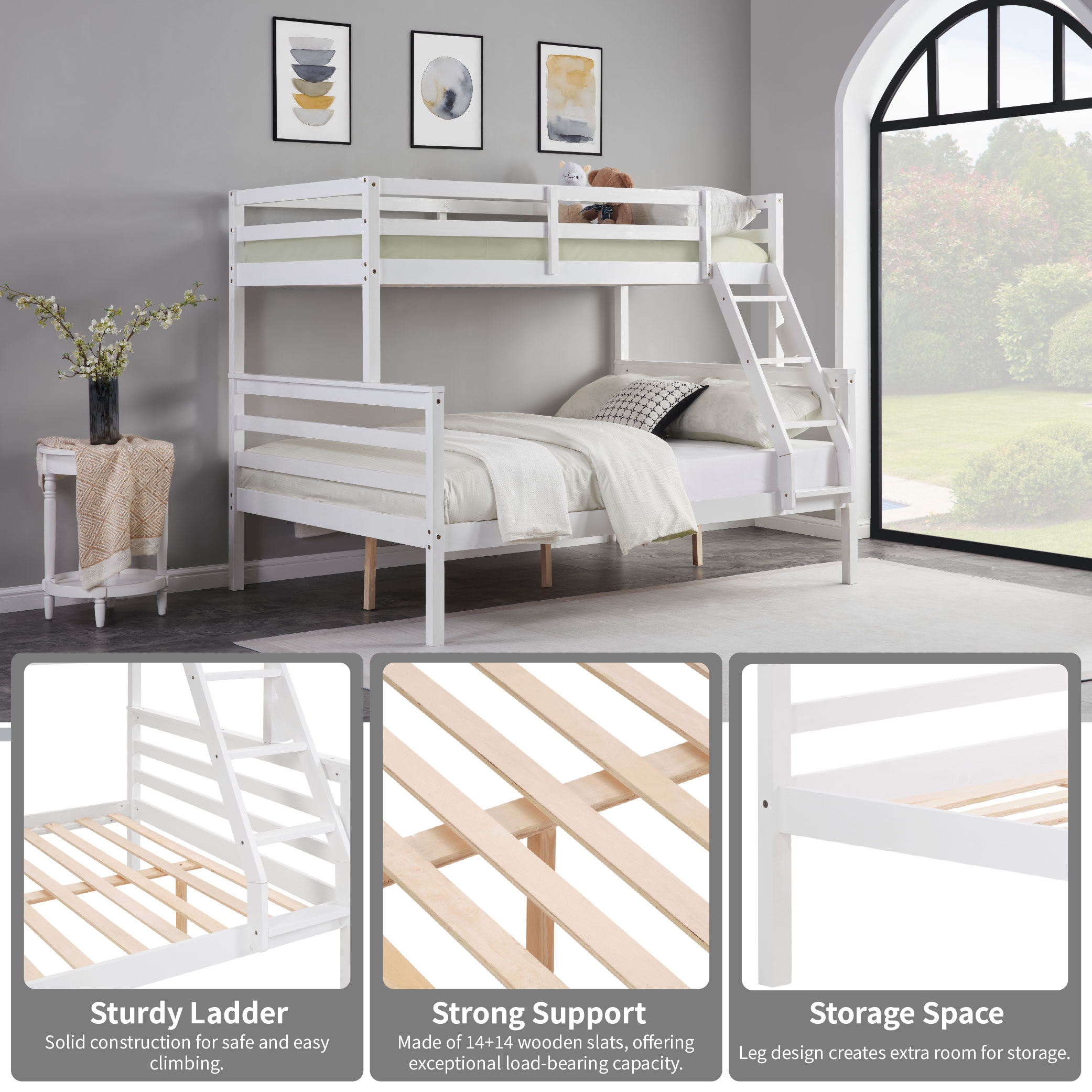 Twin over Full Bunk Bed with Ladder,Wooden Bunk Bed with High Guardrail and Ladder for Kids, Teens, Dorm Rooms, and Guest Rooms,No Box Spring Needed,White Twin over Full Bunk Bed with Ladder,Wooden Bunk Bed with High Guardrail and Ladder for Kids, Teens, Dorm Rooms, and Guest Rooms,No Box Spring Needed,White
